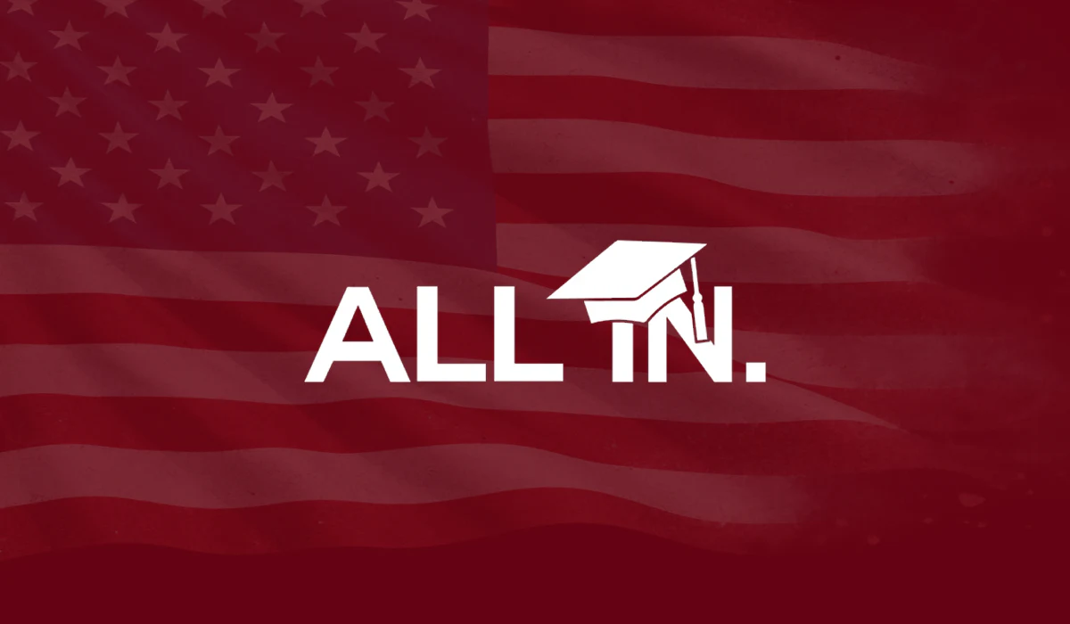 All In Academy website cover with the school logo over an American flag